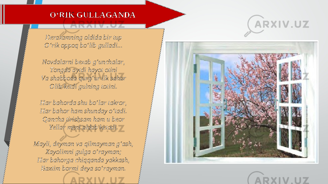 O‘RIK GULLAGANDA Derazamning oldida bir tup O‘rik oppoq bo‘lib gulladi... Novdalarni bezab g‘unchalar, Tongda aytdi hayot otini Va shabboda qurg‘ur ilk sahar Olib ketdi gulning totini. Har bahorda shu bo‘lar takror, Har bahor ham shunday o‘tadi. Qancha tirishsam ham u beor Yellar meni aldab ketadi. Mayli, deyman va qilmayman g‘ash, Xayolimni gulga o‘rayman; Har bahorga chiqqanda yakkash, Baxtim bormi deya so‘rayman. 