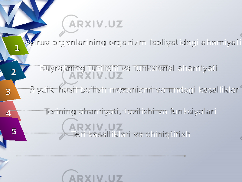  Reja: Terining ahamiyati, tuzilishi va funksiyalari 4 Ayiruv organlarining organizm faoliyatidagi ahamiyati 1 Buyrakning tuzilishi va funksional ahamiyati 2 Siydik hosil bo’lish mexanizmi va undagi kasalliklar 3 Teri kasalliklari va chiniqtirish5 