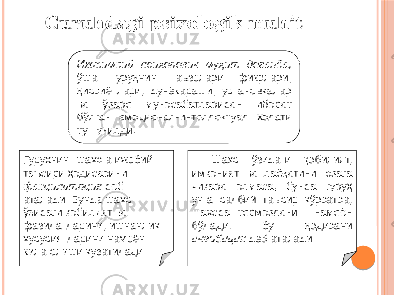 Ижтимоий психологик муҳит деганда, ўша гуруҳнинг аъзолари фикрлари, ҳиссиётлари, дунёқараши, установкалар ва ўзаро муносабатларидан иборат бўлган эмоционал-интеллектуал ҳолати тушунилди. Гуруҳнинг шахсга ижобий таъсири ҳодисасини фасцилитация деб аталади. Бунда шахс ўзидаги қобилият ва фазилатларини, ишчанлик хусусиятларини намоён қила олиши кузатилади. Шахс ўзидаги қобилият, имконият ва лаёқатини юзага чиқара олмаса, бунда гуруҳ унга салбий таъсир кўрсатса, шахсда тормозланиш намоён бўлади, бу ҳодисани ингибиция деб аталади. Guruhdagi psixologik muhit 