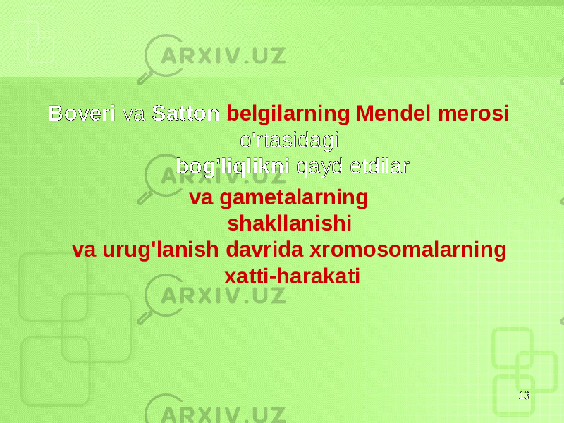 Boveri va Satton belgilarning Mendel merosi o&#39;rtasidagi bog&#39;liqlikni qayd etdilar va gametalarning shakllanishi va urug&#39;lanish davrida xromosomalarning xatti-harakati 13 