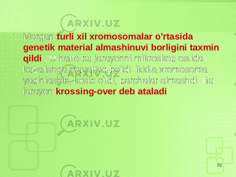 • Morgan turli xil xromosomalar o&#39;rtasida genetik material almashinuvi borligini taxmin qildi . U hatto bu jarayonni mikroskop ostida kuzatishga muvaffaq bo&#39;ldi: ikkita xromosoma yaqinlashib, kesib o&#39;tdi, parchalar almashdi. Bu jarayon krossing-over deb ataladi 29 