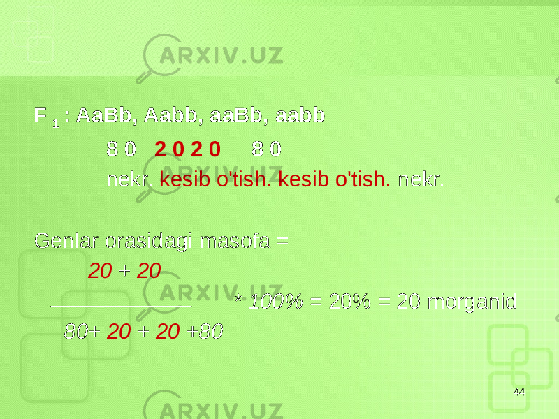 F 1 : AaBb, Aabb, aaBb, aabb 8 0 2 0 2 0 8 0 nekr. kesib o&#39;tish. kesib o&#39;tish. nekr. Genlar orasidagi masofa = 20 + 20 * 100% = 20% = 20 morganid 80+ 20 + 20 +80 44 