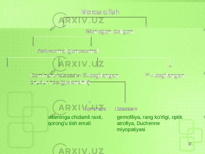 91Meros olish Monogen poligen Avtosomal gonosomal Dominant-retsessiv- X-bog&#39;langan Y - bog&#39;langan chuqur noe (golandrik) Dominant Resessiv gemofiliya, rang ko&#39;rligi, optik atrofiya, Duchenne miyopatiyasivitaminga chidamli raxit, qorong&#39;u tish emali 