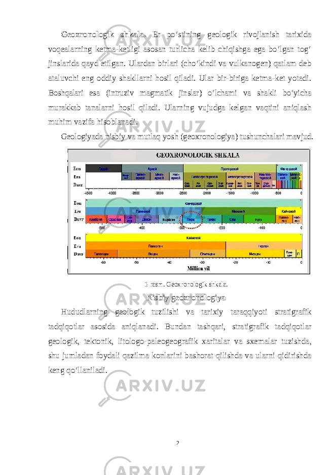 2Geoxronologik shkala. Er po‘stining geologik rivojlanish tarixida voqealarning ketma-ketligi asosan turlicha kelib chiqishga ega bo‘lgan tog‘ jinslarida qayd etilgan. Ulardan birlari (cho‘kindi va vulkanogen) qatlam deb ataluvchi eng oddiy shakllarni hosil qiladi. Ular bir-biriga ketma-ket yotadi. Boshqalari esa (intruziv magmatik jinslar) o‘lchami va shakli bo‘yicha murakkab tanalarni hosil qiladi. Ularning vujudga kelgan vaqtini aniqlash muhim vazifa hisoblanadi. Geologiyada nisbiy va mutlaq yosh (geoxronologiya) tushunchalari mavjud. 1-rasm. Geoxronologik shkala. Nisbiy geoxronologiya Hududlarning geologik tuzilishi va tarixiy taraqqiyoti stratigrafik tadqiqotlar asosida aniqlanadi. Bundan tashqari, stratigrafik tadqiqotlar geologik, tektonik, litologo-paleogeografik xaritalar va sxemalar tuzishda, shu jumladan foydali qazilma konlarini bashorat qilishda va ularni qidirishda keng qo‘llaniladi. 