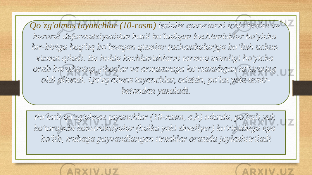 Qo zg&#39;almas tayanchlar (10-rasm) issiqlik quvurlarni ichki bosim va harorat deformatsiyasidan hosil bo&#39;ladigan kuchlanishlar bo&#39;yicha bir-biriga bog&#39;liq bo&#39;lmagan qismlar (uchastkalar)ga bo‘lish uchun xizmat qiladi. Bu holda kuchlanishlarni tarmoq uzunligi bo&#39;yicha ortib borishining, jihozlar va armaturaga ko&#39;rsatadigan ta&#39;sirining oldi olinadi. Qo&#39;zg&#39;almas tayanchlar, odatda, po&#39;lat yoki temir- betondan yasaladi. Po&#39;latli qo&#39;zg&#39;almas tayanchlar (10-rasm, a,b) odatda, po&#39;latli yuk ko&#39;taruvchi konstruksiyalar (balka yoki shvellyer) ko&#39;rinishiga ega bo&#39;lib, trubaga payvandlangan tirsaklar orasida joylashtiriladi 