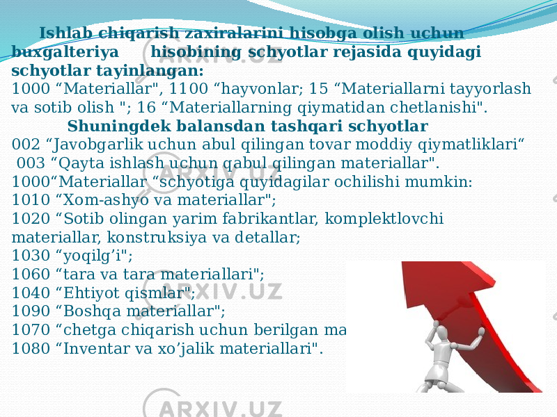 Ishlab chiqarish zaxiralarini hisobga olish uchun buxgalteriya hisobining schyotlar rejasida quyidagi schyotlar tayinlangan: 1000 “Materiallar&#34;, 1100 “hayvonlar; 15 “Materiallarni tayyorlash va sotib olish &#34;; 16 “Materiallarning qiymatidan chetlanishi&#34;. Shuningdek balansdan tashqari schyotlar 002 “Javobgarlik uchun abul qilingan tovar moddiy qiymatliklari“ 003 “Qayta ishlash uchun qabul qilingan materiallar&#34;. 1000“Materiallar “schyotiga quyidagilar ochilishi mumkin: 1010 “Xom-ashyo va materiallar&#34;; 1020 “Sotib olingan yarim fabrikantlar, komplektlovchi materiallar, konstruksiya va detallar; 1030 “yoqilg’i&#34;; 1060 “tara va tara materiallari&#34;; 1040 “Ehtiyot qismlar&#34;; 1090 “Boshqa materiallar&#34;; 1070 “chetga chiqarish uchun berilgan materiallar&#34;; 1080 “Inventar va xo’jalik materiallari&#34;. 