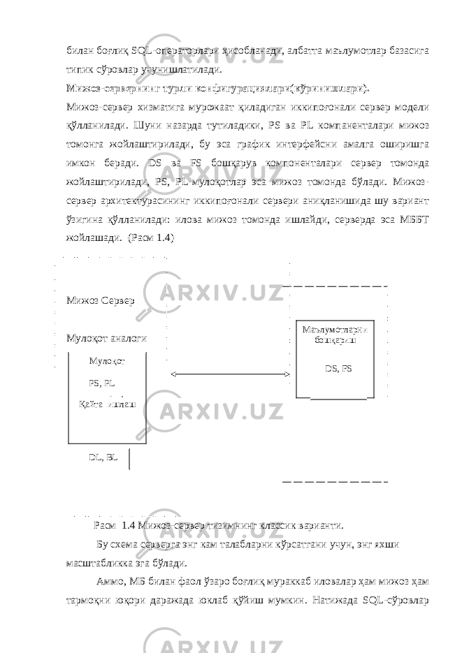 билан боғлиқ SQL-операторлари ҳисобланади, албатта маълумотлар базасига типик сўровлар учунишлатилади. Мижоз-сервернинг турли конфигурациялари(кўринишлари). Мижоз-сервер хизматига мурожаат қиладиган иккипоғонали сервер модели қўлланилади. Шуни назарда тутиладики, PS ва PL компаненталари мижоз томонга жойлаштирилади, бу эса график интерфейсни амалга оширишга имкон беради. DS ва FS бошқарув компоненталари сервер томонда жойлаштирилади, PS, PL-мулоқотлар эса мижоз томонда бўлади. Мижоз- сервер архитектурасининг иккипоғонали сервери аниқланишида шу вариант ўзигина қўлланилади: илова мижоз томонда ишлайди, серверда эса МББТ жойлашади. (Расм 1.4) Мижоз C ервер Мулоқот аналоги Расм 1.4 Мижоз-сервер тизимнинг классик варианти. Бу схема серверга энг кам талабларни кўрсатгани учун, энг яхши масштабликка эга бўлади. Аммо, МБ билан фаол ўзаро боғлиқ мураккаб иловалар ҳам мижоз ҳам тармоқни юқори даражада юклаб қўйиш мумкин. Натижада SQL-сўровлар Мулоқот Мантиқ Қайта ишлаш Маълумотларни бошқариш PS, PL DL, BL DS, FS 