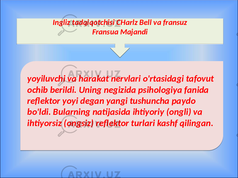 Ingliz tadqiqotchisi CHarlz Bell va fransuz Fransua Majandi Ingliz tadqiqotchisi CHarlz Bell va fransuz Fransua Majandi yoyiluvchi va harakat nervlari o&#39;rtasidagi tafovut ochib berildi. Uning negizida psihologiya fanida reflektor yoyi degan yangi tushuncha paydo bo&#39;ldi. Bularning natijasida ihtiyoriy (ongli) va ihtiyorsiz (ongsiz) reflektor turlari kashf qilingan.0B0D 0D 11 0E 03 