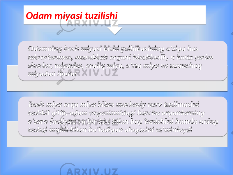 Odam miyasi tuzilishi Odamning bosh miyasi kishi psihikasining o&#39;ziga hos takrorlanmas, murakkab organi hisoblanib, u katta yarim sharlar, miyacha, oraliq miya, o&#39;rta miya va uzunchoq miyadan iborat Bosh miya orqa miya bilan markaziy nerv tuzilmasini tashkil qilib, odam organizmidagi barcha organlarning o&#39;zaro faoliyati va bir-biri bilan bog`lanishini hamda uning tashqi muhit bilan bo&#39;ladigan aloqasini ta&#39;minlaydi490C0615 20 09 02 18 221102 09 1113 09 