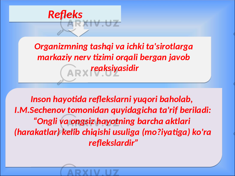 Refleks Organizmning tashqi va ichki ta&#39;sirotlarga markaziy nerv tizimi orqali bergan javob reaksiyasidir Inson hayotida reflekslarni yuqori baholab, I.M.Sechenov tomonidan quyidagicha ta&#39;rif beriladi: “Ongli va ongsiz hayotning barcha aktlari (harakatlar) kelib chiqishi usuliga (mo?iyatiga) ko&#39;ra reflekslardir”4A 4911 15 11 41 41 1A 26 11 