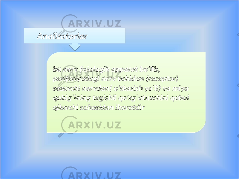  Analizatorlar bu nerv fiziologik apparat bo&#39;lib, periferiyadagi nerv uchidan (receptor) sezuvchi nervdan( o&#39;tkazish yo&#39;li) va miya qobig`ining tegishli qo&#39;zg`atuvchini qabul qiluvchi sohasidan iboratdirbu nerv fiziologik apparat bo&#39;lib, periferiyadagi nerv uchidan (receptor) sezuvchi nervdan( o&#39;tkazish yo&#39;li) va miya qobig`ining tegishli qo&#39;zg`atuvchini qabul qiluvchi sohasidan iboratdir09 1B 