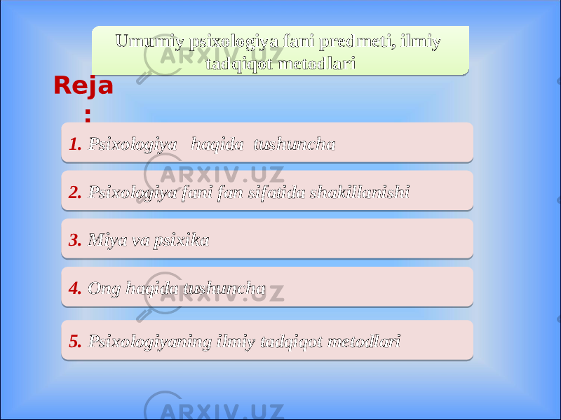 Umumiy psixologiya fani predmeti, ilmiy tadqiqot metodlari Reja : 1. Psixologiya haqida tushuncha 2. Psixologiya fani fan sifatida shakillanishi 3. Miya va psixika 4. Ong haqida tushuncha 5. Psixologiyaning ilmiy tadqiqot metodlari01 130D12 010203 04 140203 04 170203 18 1B0203 1C 1D0203 04 
