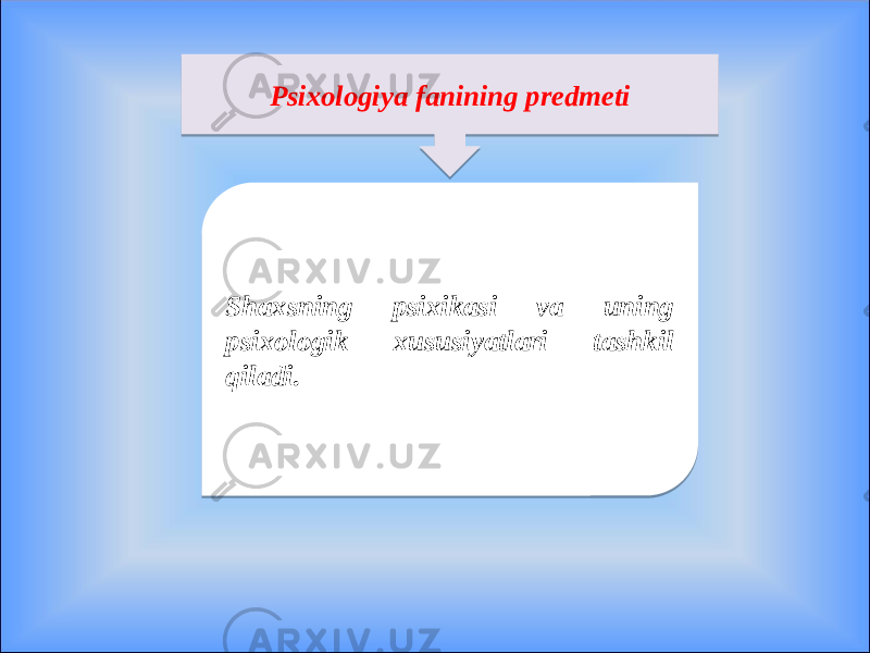 Psixologiya fanining predmeti Shaxsning psixikasi va uning psixologik xususiyatlari tashkil qiladi.04 21 1A05 0E06 