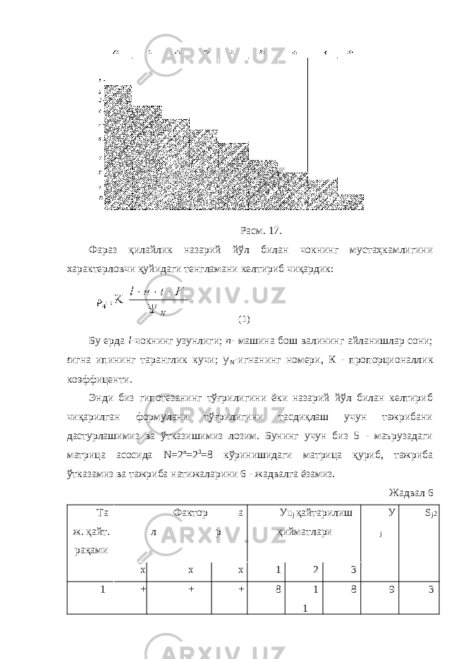 Расм. 17. Фараз қилайлик назарий йўл билан чокнинг мустаҳкамлигини характерловчи қуйидаги тенгламани келтириб чиқардик: (1) Бу ерда l -чокнинг узунлиги; n - машина бош валининг айланишлар сони; t игна ипининг таранглик кучи; y N -игнанинг номери, К - пропорционаллик коэффиценти. Энди биз гипотезанинг тўғрилигини ёки назарий йўл билан келтириб чиқарилган формулани тўғрилигини тасдиқлаш учун тажрибани дастурлашимиз ва ўтказишимиз лозим. Бунинг учун биз 5 - маърузадаги матрица асосида N=2 n =2 3 =8 кўринишидаги матрица қуриб, тажриба ўтказамиз ва тажриба натижаларини 6 - жадвалга ёзамиз. Жадвал 6 Та ж. қайт. рақами Фактор л а р Уu j қайтарилиш қийматлари У j S j 2 x x x 1 2 3 1 + + + 8 1 1 8 9 3 