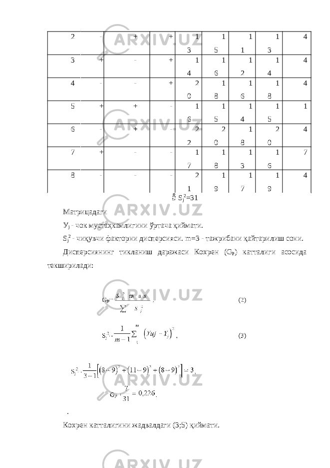 2 - + + 1 3 1 5 1 1 1 3 4 3 + - + 1 4 1 6 1 2 1 4 4 4 - - + 2 0 1 8 1 6 1 8 4 5 + + - 1 6 1 5 1 4 1 5 1 6 - + - 2 2 2 0 1 8 2 0 4 7 + - - 1 7 1 8 1 3 1 6 7 8 - - - 2 1 1 9 1 7 1 9 4 å S j 2 =31 Матрицадаги У j - чок мустаҳкамлигини ўртача қиймати. S j 2 - чиқувчи факторни дисперсияси. m=3 - тажрибани қайтарилиш сони. Дисперсиянинг тикланиш даражаси Кохрен (G Р ) катталиги асосида текширилади: . Кохрен катталигини жадвалдаги (3;5) қиймати. 