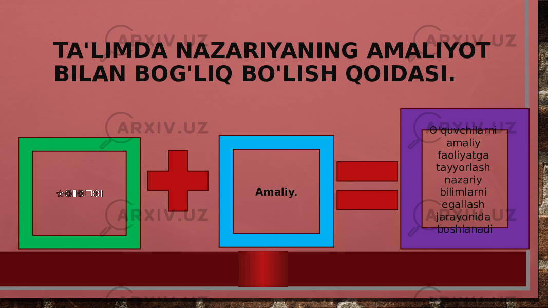 TA&#39;LIMDA NAZARIYANING AMALIYOT BILAN BOG&#39;LIQ BO&#39;LISH QOIDASI. Amaliy. Nazariy O&#39;quvchilarni amaliy faoliyatga tayyorlash nazariy bilimlarni egallash jarayonida boshlanadi 