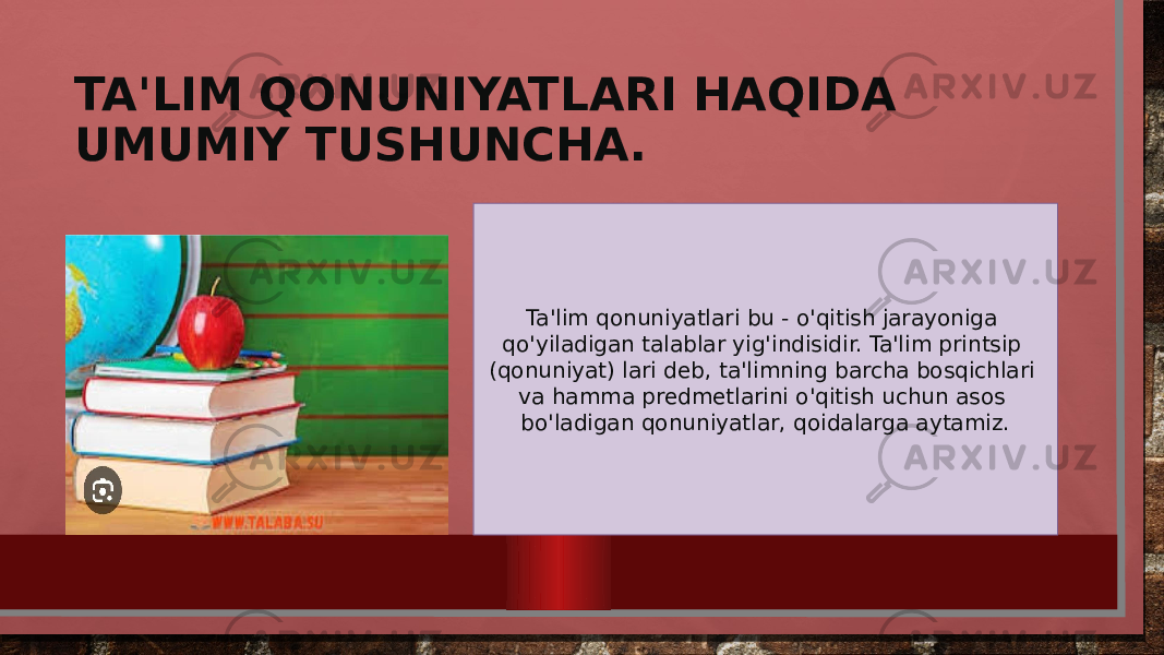 TA&#39;LIM QONUNIYATLARI HAQIDA UMUMIY TUSHUNCHA. Ta&#39;lim qonuniyatlari bu - o&#39;qitish jarayoniga qo&#39;yiladigan talablar yig&#39;indisidir. Ta&#39;lim printsip (qonuniyat) lari deb, ta&#39;limning barcha bosqichlari va hamma predmetlarini o&#39;qitish uchun asos bo&#39;ladigan qonuniyatlar, qoidalarga aytamiz. 