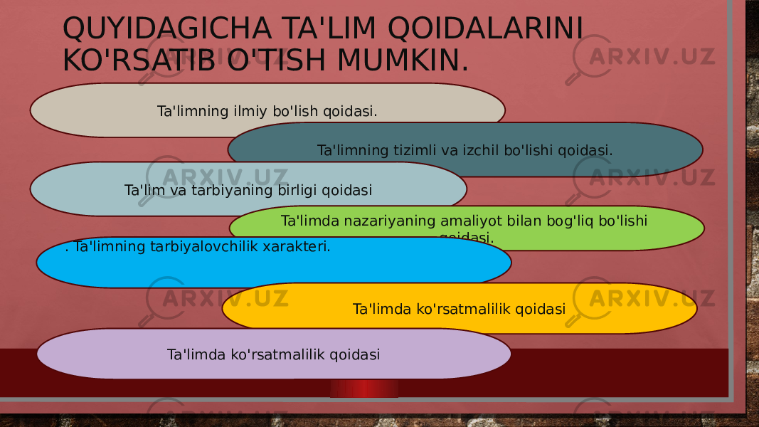 QUYIDAGICHA TA&#39;LIM QOIDALARINI KO&#39;RSATIB O&#39;TISH MUMKIN. Ta&#39;limning ilmiy bo&#39;lish qoidasi. Ta&#39;limning tizimli va izchil bo&#39;lishi qoidasi. Ta&#39;lim va tarbiyaning birligi qoidasi Ta&#39;limda nazariyaning amaliyot bilan bog&#39;liq bo&#39;lishi qoidasi. . Ta&#39;limning tarbiyalovchilik xarakteri. Ta&#39;limda ko&#39;rsatmalilik qoidasi Ta&#39;limda ko&#39;rsatmalilik qoidasi 