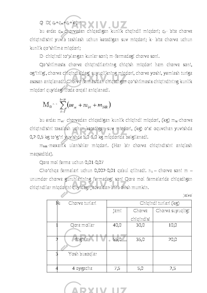 Q = D( q e +q m +q c +k )m bu erda: q m -chorvadan chiqadigan kunlik chqindii miqdori; q c - bita chorva chiqindisini yuvib tashlash uchun ketadigan suv miqdori; k- bita chorva uchun kunlik qo’shilma miqdori; D- chiqindi to’plangan kunlar soni; m-fermadagi chorva soni. Qo’shilmasiz chorva chiqindilarining chiqish miqdori ham chorva soni, og’irligi, chorva chiqindisidagi suyuqlikning miqdori, chorva yoshi, yemlash turiga asosan aniqlanadi. Chorva fermasidan chiqadigan qo’shilmasiz chiqindining kunlik miqdori quyidagi ifoda orqali aniqlanadi. bu erda: m ei - chorvadan chiqadigan kunlik chiqindi miqdori, (kg) m bi -chorva chiqindisini tozalash uchun ketadigan suv miqdori, (kg) o’zi oquvchan yuvishda 0,2-0,5 kg to’g’ri yuvishda 5,0-6,0 kg miqdorida belgilanadi. m bkk -mexanik ulanishlar miqdori. (Har bir chorva chiqindisini aniqlash maqsadida). Qora mol ferma uchun 0,01-0,07 Cho’chqa fermalari uchun 0,002-0,01 qabul qilinadi. n 1 – chorva soni m – unumdor chorva guruhlarining fermadagi soni Qora mol fermalarida chiqadigan chiqindilar miqdorini quyidagi jadvaldan bilib olish mumkin. jadval № Chorva turlari Chiqindi turlari (kg) jami Chorva chiqindisi Chorva suyuqligi 1 Qora mollar 40,0 30,0 10,0 2 Sigirlar 55,0 35,0 20,0 3 Yosh buzoqlar 4 4 oygacha 7,5 5,0 2,5 