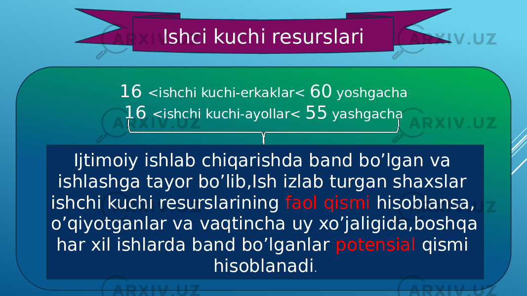 16 <ishchi kuchi-erkaklar< 60 yoshgacha 16 <ishchi kuchi-ayollar< 55 yashgachaIshci kuchi resurslari Ijtimoiy ishlab chiqarishda band bo’lgan va ishlashga tayor bo’lib,Ish izlab turgan shaxslar ishchi kuchi resurslarining faol qismi hisoblansa, o’qiyotganlar va vaqtincha uy xo’jaligida,boshqa har xil ishlarda band bo’lganlar potensial qismi hisoblanadi . 