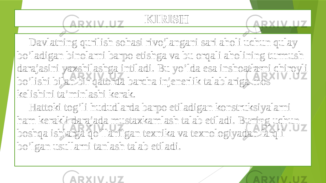 KIRISH Davlatning qurilish sohasi rivojlangani sari aholi uchun qulay bo’ladigan binolarni barpo etishga va bu orqali aholining turmush darajasini yaxshilashga intiladi. Bu yo’lda esa inshoatlarni chiroyli bo’lishi bilan bir qatorda barcha injenerlik talablariga mos kelishini ta’minlashi kerak. Hattoki tog’li hududlarda barpo etiladigan konstruksiyalarni ham kerakli darajada mustaxkamlash talab etiladi. Buning uchun boshqa ishlarga qo’llanilgan texnika va texnologiyadan farqli bo’lgan usullarni tanlash talab etiladi. 