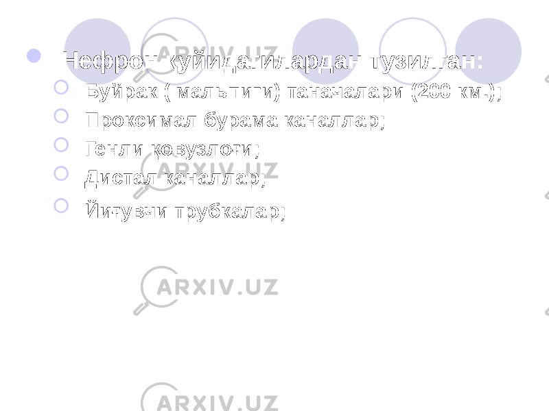  Нефрон қуйидагилардан тузилган:  Буйрак ( мальпиги) таначалари (200 км.);  Проксимал бурама каналлар;  Генли қовузлоғи;  Дистал каналлар;  Йиғувчи трубкалар; 