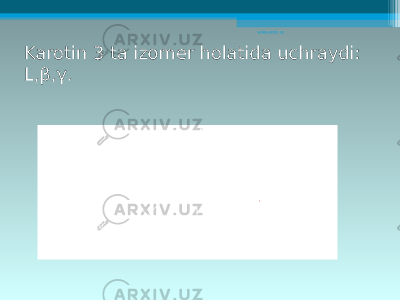 Karotin 3 ta izomer holatida uchraydi: L, β , γ . www.arxiv.uz 