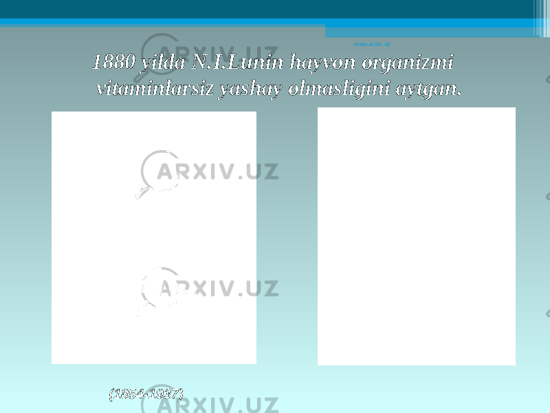 1880 yilda N.I.Lunin hayvon organizmi vitaminlarsiz yashay olmasligini aytgan. (1854-1937) www.arxiv.uz 