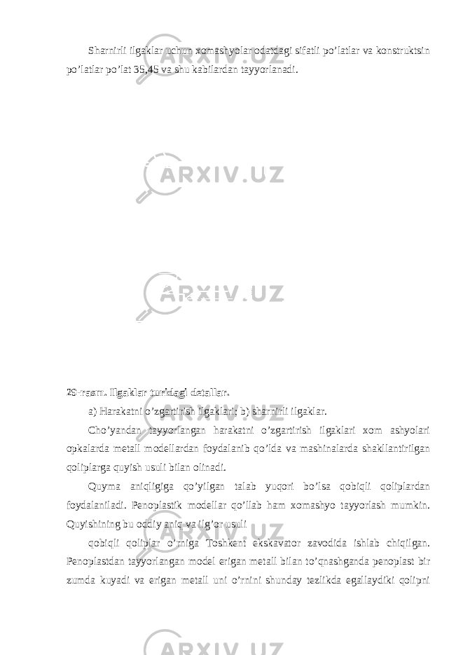 Sharnirli ilgaklar uchun xomashyolar odatdagi sifatli po’latlar va konstruktsin po’latlar po’lat 35,45 va shu kabilardan tayyorlanadi. 29-rasm. Ilgaklar turidagi detallar. a) Harakatni o’zgartirish ilgaklari; b) sharnirli ilgaklar. Cho’yandan tayyorlangan harakatni o’zgartirish ilgaklari xom ashyolari opkalarda metall modellardan foydalanib qo’lda va mashinalarda shakllantirilgan qoliplarga quyish usuli bilan olinadi. Quyma aniqligiga qo’yilgan talab yuqori bo’lsa qobiqli qoliplardan foydalaniladi. Penoplastik modellar qo’llab ham xomashyo tayyorlash mumkin. Quyishining bu oddiy aniq va ilg’or usuli qobiqli qoliplar o’rniga Toshkent ekskavator zavodida ishlab chiqilgan. Penoplastdan tayyorlangan model erigan metall bilan to’qnashganda penoplast bir zumda kuyadi va erigan metall uni o’rnini shunday tezlikda egallaydiki qolipni 