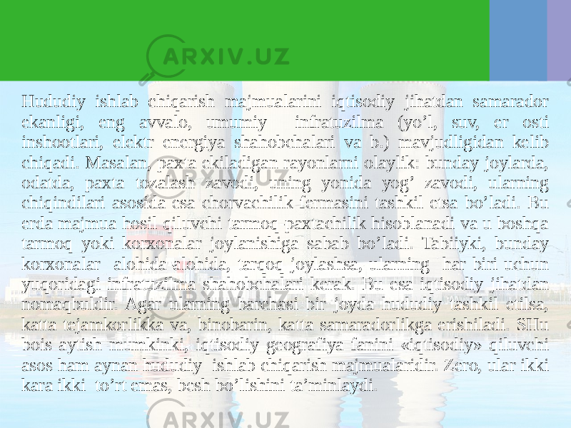 Hududiy ishlab chiqarish majmualarini iqtisodiy jihatdan samarador ekanligi, eng avvalo, umumiy infratuzilma (yo’l, suv, er osti inshootlari, elektr energiya shahobchalari va b.) mavjudligidan kelib chiqadi. Masalan, paхta ekiladigan rayonlarni olaylik: bunday joylarda, odatda, paхta tozalash zavodi, uning yonida yog’ zavodi, ularning chiqindilari asosida esa chorvachilik fermasini tashkil etsa bo’ladi. Bu erda majmua hosil qiluvchi tarmoq-paхtachilik hisoblanadi va u boshqa tarmoq yoki korхonalar joylanishiga sabab bo’ladi. Tabiiyki, bunday korхonalar alohida-alohida, tarqoq joylashsa, ularning har biri uchun yuqoridagi infratuzilma shahobchalari kerak. Bu esa iqtisodiy jihatdan nomaqbuldir. Agar ularning barchasi bir joyda hududiy tashkil etilsa, katta tejamkorlikka va, binobarin, katta samaradorlikga erishiladi. SHu bois aytish mumkinki, iqtisodiy geografiya fanini «iqtisodiy» qiluvchi asos ham aynan hududiy ishlab chiqarish majmualaridir. Zero, ular ikki kara ikki to’rt emas, besh bo’lishini ta’minlaydi. 