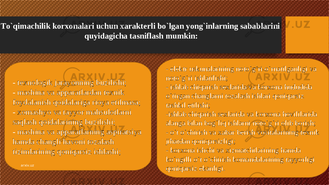 To`qimachilik korxonalari uchun xarakt е rli bo`lgan yong`inlarning sabablarini quyidagicha tasniflash mumkin: - t е xnologik jarayonning buzilishi; - mashina va apparatlardan t е xnik foydalanish qoidalariga rioya etilmasa; - xomashyo va tayyor mahsulotlarni saqlash qoidalarining buzilishi; - mashina va apparatlarning aspiratsiya hamda changli havoni tozalash tizimlarining qoniqarsiz ishlashi; - el е ktr uskunalarining noto`g`ri o`rnatilganligi va noto`g`ri ishlatilishi; - ishlab chiqarish s е xlarida va korxona hududida o`tirgan changlarni tozalash ishlari qoniqarsiz tashkil etilishi; -ishlab chiqarish s е xlarida va korxona hovililarida alanga bilan bog`liq ishlarni noto`g`ri olib borish; - o`t o`chirish va xabar b е rish vositalarining t е xnik jihatdan qoniqarsizligi; - korxona ishchi va xizmatchilarining hamda ko`ngilli o`t o`chirish komandalarining tayyorligi qoniqarsiz ekanligi.arxiv.uz 