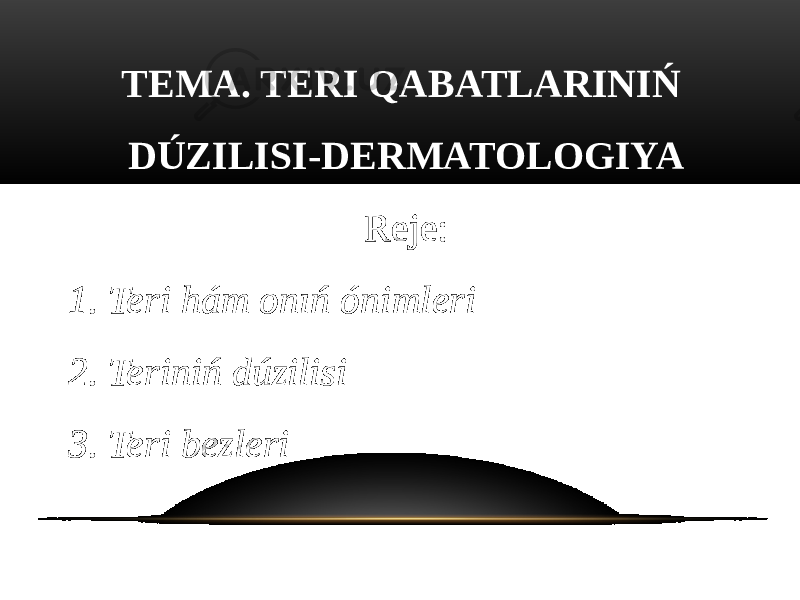 TEMA. TERI QABATLARINIŃ DÚZILISI-DERMATOLOGIYA Reje: 1. Teri hám onıń ónimleri 2. Teriniń dúzilisi 3. Teri bezleri 