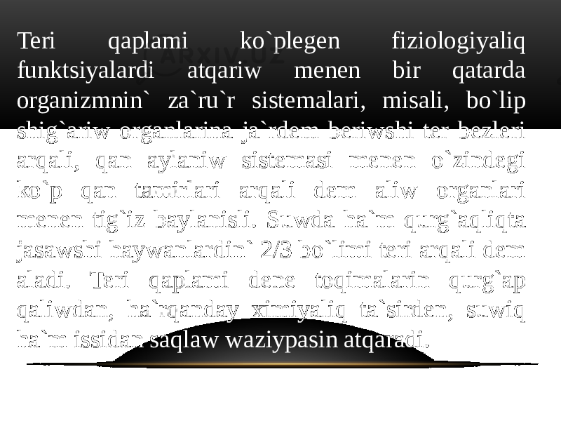 Teri qaplami ko`plegen fiziologiyaliq funktsiyalardi atqariw menen bir qatarda organizmnin` za`ru`r sistemalari, misali, bo`lip shig`ariw organlarina ja`rdem beriwshi ter bezleri arqali, qan aylaniw sistemasi menen o`zindegi ko`p qan tamirlari arqali dem aliw organlari menen tig`iz baylanisli. Suwda ha`m qurg`aqliqta jasawshi haywanlardin` 2/3 bo`limi teri arqali dem aladi. Teri qaplami dene toqimalarin qurg`ap qaliwdan, ha`rqanday ximiyaliq ta`sirden, suwiq ha`m issidan saqlaw waziypasin atqaradi. 