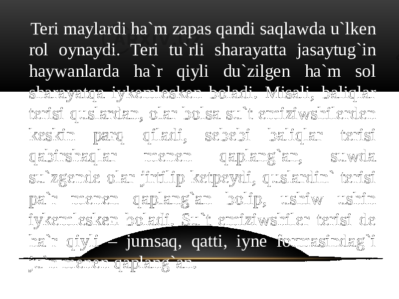  Teri maylardi ha`m zapas qandi saqlawda u`lken rol oynaydi. Teri tu`rli sharayatta jasaytug`in haywanlarda ha`r qiyli du`zilgen ha`m sol sharayatqa iykemlesken boladi. Misali, baliqlar terisi quslardan, olar bolsa su`t emiziwshilerden keskin parq qiladi, sebebi baliqlar terisi qabirshaqlar menen qaplang`an, suwda su`zgende olar jirtilip ketpeydi, quslardin` terisi pa`r menen qaplang`an bolip, ushiw ushin iykemlesken boladi. Su`t emiziwshiler terisi de ha`r qiyli – jumsaq, qatti, iyne formasindag`i ju`n menen qaplang`an. 