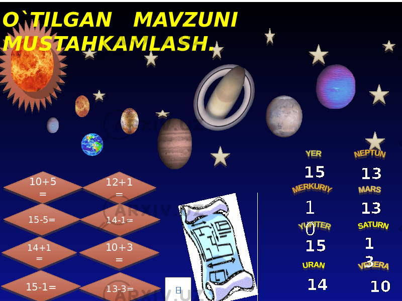 10+5 = 15-5= 14+1 = 15-1= 12+1 = 14-1= 10+3 = 13-3= 1 315 14 13 1015 13 1 0O`TILGAN MAVZUNI MUSTAHKAMLASH. 01 05 01 01 05 01 01 05 01 01 05 01 