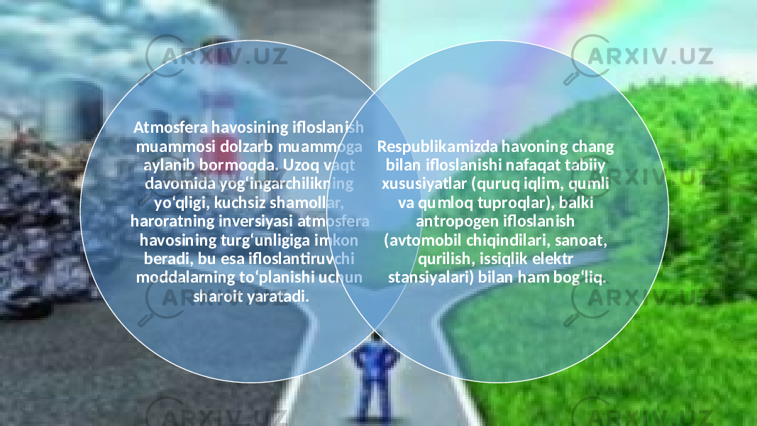 Atmosfera havosining ifloslanish muammosi dolzarb muammoga aylanib bormoqda. Uzoq vaqt davomida yog‘ingarchilikning yo‘qligi, kuchsiz shamollar, haroratning inversiyasi atmosfera havosining turg‘unligiga imkon beradi, bu esa ifloslantiruvchi moddalarning to‘planishi uchun sharoit yaratadi. Respublikamizda havoning chang bilan ifloslanishi nafaqat tabiiy xususiyatlar (quruq iqlim, qumli va qumloq tuproqlar), balki antropogen ifloslanish (avtomobil chiqindilari, sanoat, qurilish, issiqlik elektr stansiyalari) bilan ham bog‘liq. 