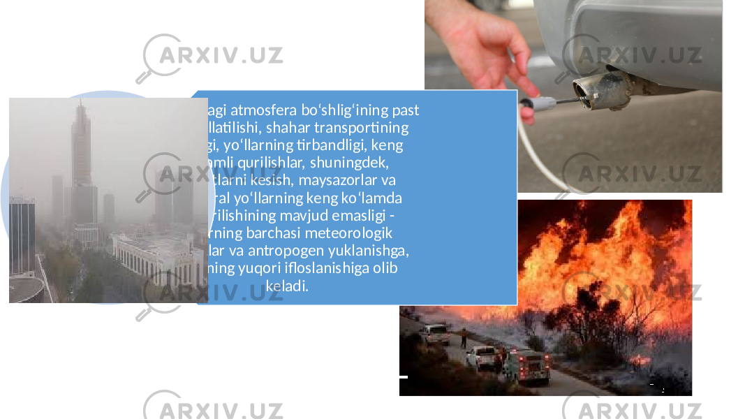 Shahardagi atmosfera bo‘shlig‘ining past shamollatilishi, shahar transportining ko‘pligi, yo‘llarning tirbandligi, keng ko‘lamli qurilishlar, shuningdek, daraxtlarni kesish, maysazorlar va magistral yo‘llarning keng ko‘lamda sug‘orilishining mavjud emasligi - bularning barchasi meteorologik sharoitlar va antropogen yuklanishga, havoning yuqori ifloslanishiga olib keladi. 