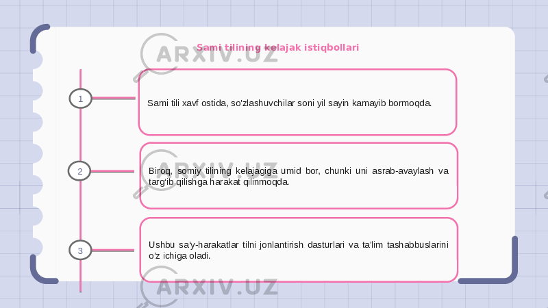 Sami tilining kelajak istiqbollari Sami tili xavf ostida, so&#39;zlashuvchilar soni yil sayin kamayib bormoqda. Biroq, somiy tilining kelajagiga umid bor, chunki uni asrab-avaylash va targ‘ib qilishga harakat qilinmoqda. Ushbu sa&#39;y-harakatlar tilni jonlantirish dasturlari va ta&#39;lim tashabbuslarini o&#39;z ichiga oladi.1 2 3 