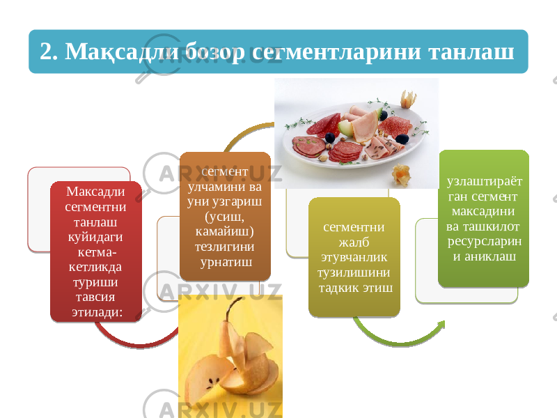 Максадли сегментни танлаш куйидаги кетма- кетликда туриши тавсия этилади: сегмент улчамини ва уни узгариш (усиш, камайиш) тезлигини урнатиш сегментни жалб этувчанлик тузилишини тадкик этиш узлаштираёт ган сегмент максадини ва ташкилот ресурсларин и аниклаш2. Мақсадли бозор сегментларини танлаш 38 07 0C 1C 1C 1C 0C 0C 23 07 13 130B 321307 1C 0C 13050B 07 1F 23 0C 0C 1304 09 0A 12 0508 0F 