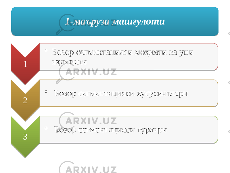 1 • Бозор сегментацияси моҳияти ва уни аҳамияти 2 • Бозор сегментацияси хусусиятлари 3 • Бозор сегментацияси турлари 1-маъруза машғулоти 01 01 0203 0D110D0A 14 01 06 020304 17 01 06 020304 010203 