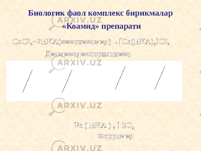 Биологик фаол комплекс бирикмалар CoCI 2 +2НКА(никотинамид)→[Co(НКА) 2 ]CI 2 Диаминодихлорплатина «Коамид» препарати [ Fe ( НКА ) 2 ] SO 4 Феррамид 