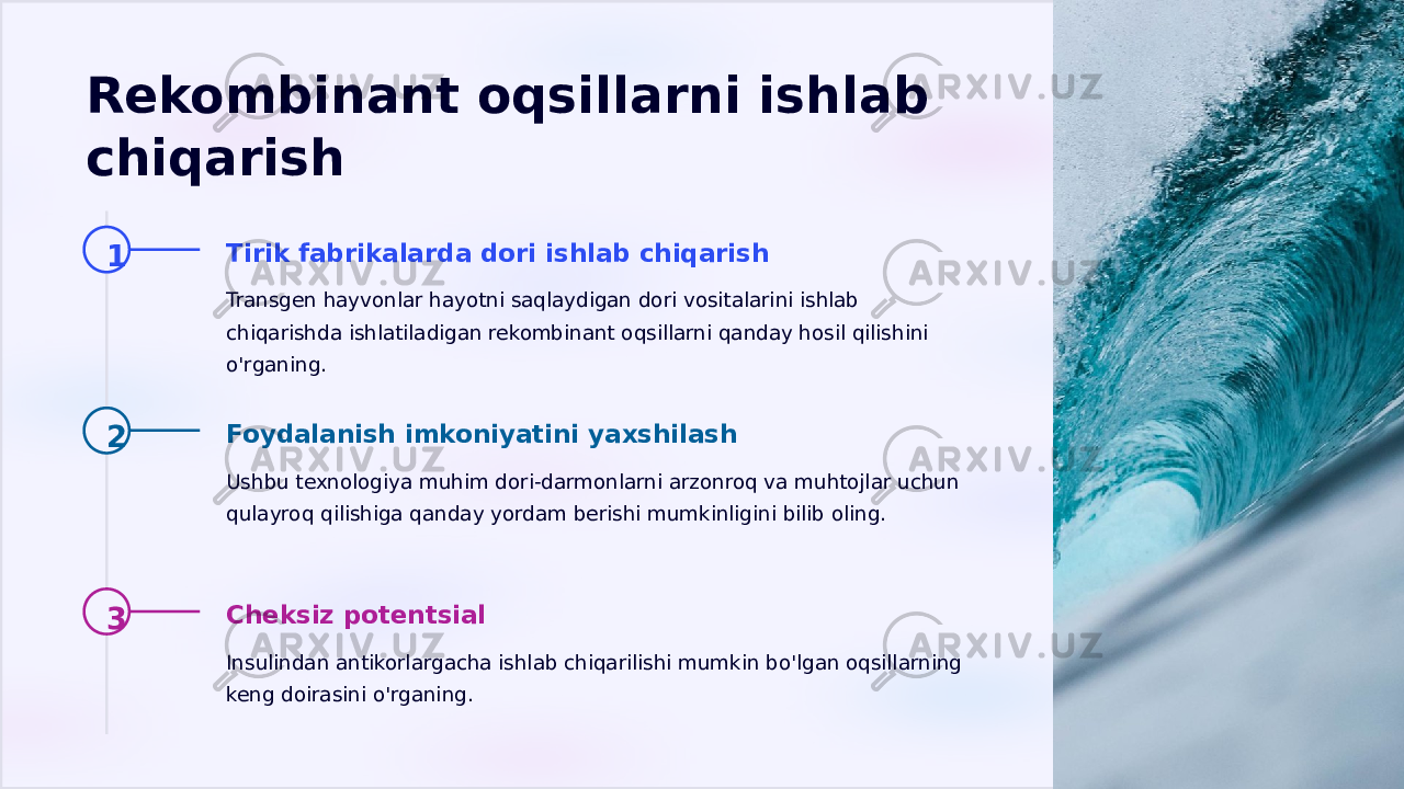 Rekombinant oqsillarni ishlab chiqarish 1 Tirik fabrikalarda dori ishlab chiqarish Transgen hayvonlar hayotni saqlaydigan dori vositalarini ishlab chiqarishda ishlatiladigan rekombinant oqsillarni qanday hosil qilishini o&#39;rganing. 2 Foydalanish imkoniyatini yaxshilash Ushbu texnologiya muhim dori-darmonlarni arzonroq va muhtojlar uchun qulayroq qilishiga qanday yordam berishi mumkinligini bilib oling. 3 Cheksiz potentsial Insulindan antikorlargacha ishlab chiqarilishi mumkin bo&#39;lgan oqsillarning keng doirasini o&#39;rganing. 