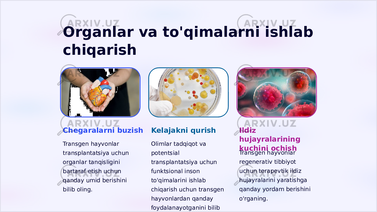 Organlar va to&#39;qimalarni ishlab chiqarish Chegaralarni buzish Transgen hayvonlar transplantatsiya uchun organlar tanqisligini bartaraf etish uchun qanday umid berishini bilib oling. Kelajakni qurish Olimlar tadqiqot va potentsial transplantatsiya uchun funktsional inson to&#39;qimalarini ishlab chiqarish uchun transgen hayvonlardan qanday foydalanayotganini bilib oling. Ildiz hujayralarining kuchini ochish Transgen hayvonlar regenerativ tibbiyot uchun terapevtik ildiz hujayralarini yaratishga qanday yordam berishini o&#39;rganing. 