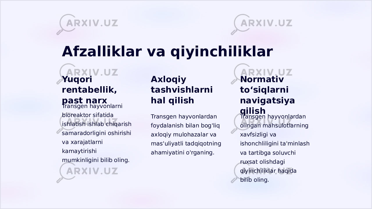 Afzalliklar va qiyinchiliklar Yuqori rentabellik, past narx Transgen hayvonlarni bioreaktor sifatida ishlatish ishlab chiqarish samaradorligini oshirishi va xarajatlarni kamaytirishi mumkinligini bilib oling. Axloqiy tashvishlarni hal qilish Transgen hayvonlardan foydalanish bilan bog&#39;liq axloqiy mulohazalar va mas&#39;uliyatli tadqiqotning ahamiyatini o&#39;rganing. Normativ to‘siqlarni navigatsiya qilish Transgen hayvonlardan olingan mahsulotlarning xavfsizligi va ishonchliligini ta&#39;minlash va tartibga soluvchi ruxsat olishdagi qiyinchiliklar haqida bilib oling. 