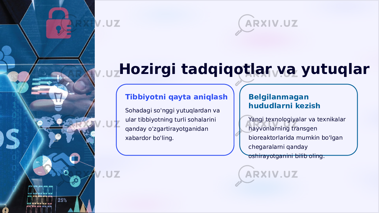 Hozirgi tadqiqotlar va yutuqlar Tibbiyotni qayta aniqlash Sohadagi so&#39;nggi yutuqlardan va ular tibbiyotning turli sohalarini qanday o&#39;zgartirayotganidan xabardor bo&#39;ling. Belgilanmagan hududlarni kezish Yangi texnologiyalar va texnikalar hayvonlarning transgen bioreaktorlarida mumkin bo&#39;lgan chegaralarni qanday oshirayotganini bilib oling. 