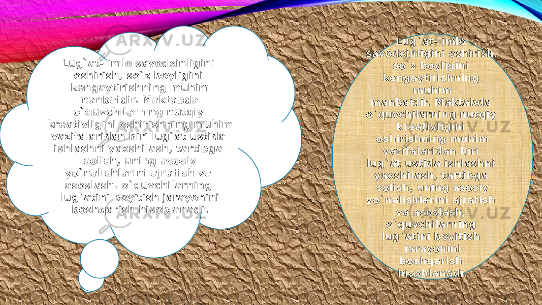 Lug`at- imlo savodxinligini oshirish, so`z boyligini kengaytirishning muhim manbaidir. Maktabda o`quvchilarning nutqiy kreativligini oshirishning muhim vazifalaridan biri lug`at ustida ishlashni yaxshilash, tartibga solish, uning asosiy yo`nalishlarini ajratish va asoslash, o`quvchilarning lug`atini boyitish jarayonini boshqarish hisoblanadi. Lug`at- imlo savodxinligini oshirish, so`z boyligini kengaytirishning muhim manbaidir. Maktabda o`quvchilarning nutqiy kreativligini oshirishning muhim vazifalaridan biri lug`at ustida ishlashni yaxshilash, tartibga solish, uning asosiy yo`nalishlarini ajratish va asoslash, o`quvchilarning lug`atini boyitish jarayonini boshqarish hisoblanadi. 