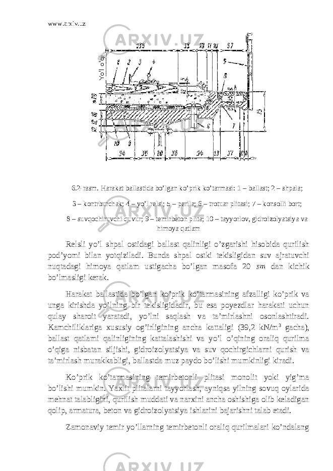 www.arxiv.uz 6.2-rasm. Harakat ballastida bo’lgan ko’prik ko’tarmasi: 1 – ballast; 2 – shpala; 3 – kontrburchak; 4 – yo’l relsi; 5 – perila; 6 – trotuar plitasi; 7 – konsolli bort; 8 – suvqochiruvchi quvur; 9 – temirbeton plita; 10 – tayyorlov, gidroizolyatsiya va himoya qatlam Relsli yo’l shpal ostidagi ballast qalinligi o’zgarishi hisobida qurilish pod’yomi bilan yotqiziladi. Bunda shpal ostki tekisligidan suv ajratuvchi nuqtadagi himoya qatlam ustigacha bo’lgan masofa 20 sm dan kichik bo’lmasligi kerak. Harakat ballastida bo’lgan ko’prik ko’tarmasining afzalligi ko’prik va unga kirishda yo’lning bir tekisligidadir, bu esa poyezdlar harakati uchun qulay sharoit yaratadi, yo’lni saqlash va ta’mirlashni osonlashtiradi. Kamchiliklariga xususiy og’irligining ancha kattaligi (39,2 kN/m 3 gacha), ballast qatlami qalinligining kattalashishi va yo’l o’qining oraliq qurilma o’qiga nisbatan siljishi, gidroizolyatsiya va suv qochirgichlarni qurish va ta’mirlash murakkabligi, ballastda muz paydo bo’lishi mumkinligi kiradi. Ko’prik ko’tarmasining temirbetonli plitasi monolit yoki yig’ma bo’lishi mumkin. Yaxlit plitalarni tayyorlash, ayniqsa yilning sovuq oylarida mehnat talabligini, qurilish muddati va narxini ancha oshishiga olib keladigan qolip, armatura, beton va gidroizolyatsiya ishlarini bajarishni talab etadi. Zamonaviy temir yo’llarning temirbetonli oraliq qurilmalari ko’ndalang 