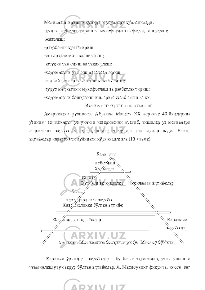 Мотивлаштиришни қуйидаги усуллари қўлланилади: -пулни рағбатлантириш ва мукофотлаш сифатида ишлатиш; -жазолаш; -рақобатни кучайтириш; -иш орқали мотивлаштириш; -ютуқни тан олиш ва тақдирлаш; -ходимларни ўқитиш ва юксалтириш; -салбий таъсирни чеклаш ва меъёрлаш; -гуруҳ меҳнатини мукофотлаш ва рағбатлантириш; -ходимларни бошқариш ишларига жалб этиш ва ҳк. Мотивлаштириш назариялари Америкалик руҳшунос А б ра х ам Маслоу ХХ асрнинг 4 0 -йилларида ўзининг эҳтиёжлари устунлиги назариясини яратиб, кишилар ўз мотивлари жараёнида эҳтиёж ва қизиқишнинг 5 турига таянадилар деди. Унинг эҳтиёжлар иерархияси қуйидаги кўринишга эга ( 13 -чизма): Ўзлигини исботлаш Ҳурматга эҳтиёж Эътиқод ва кишилар билан алоқадорликка эҳтиёж Ик к иламчи эҳтиёжлар Хавфсизликка бўлган эҳтиёж Физиологик эҳтиёжлар Бирламчи эҳтиёжлар 6 -Чизма. Мотивация босқичлари (А. Маслоу бўйича) Биринчи ўриндаги эҳтиёжлар - бу базис эҳтиёжлар, яъни яшашни таъминлаш учун зарур бўлган эҳтиёжлар. А. Маслоунинг фикрича, инсон, энг 
