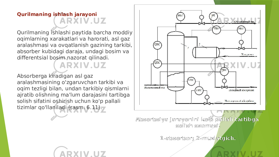 Qurilmaning ishlash jarayoni Qurilmaning ishlashi paytida barcha moddiy oqimlarning xarakatlari va harorati, asl gaz aralashmasi va ovqatlanish gazining tarkibi, absorber kubidagi daraja, undagi bosim va differentsial bosim nazorat qilinadi. Absorberga kiradigan asl gaz aralashmasining o&#39;zgaruvchan tarkibi va oqim tezligi bilan, undan tarkibiy qismlarni ajratib olishning ma&#39;lum darajasini tartibga solish sifatini oshirish uchun ko&#39;p pallali tizimlar qo&#39;llaniladi (rasm. 6.11). Absorbsiya jarayonini ko&#39;p pallali tartibga solish sxemasi. 1-absorber; 2-muzlatgich. 