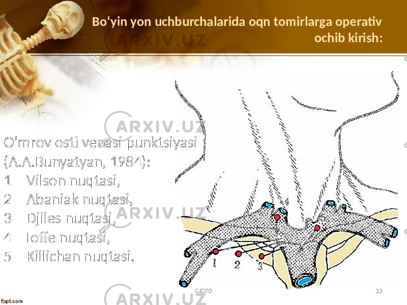 Bo ʻyin yon uchburchalarida oqn tomirlarga operativ ochib kirish: O‘mrоv оsti vеnasi punktsiyasi (A.A.Bunyatyan, 1984): 1 – Vilson nuqtasi, 2 – Abaniak nuqtasi, 3 – Djiles nuqtasi, 4 – Ioffe nuqtasi, 5 – Killichan nuqtasi. GID70 33 